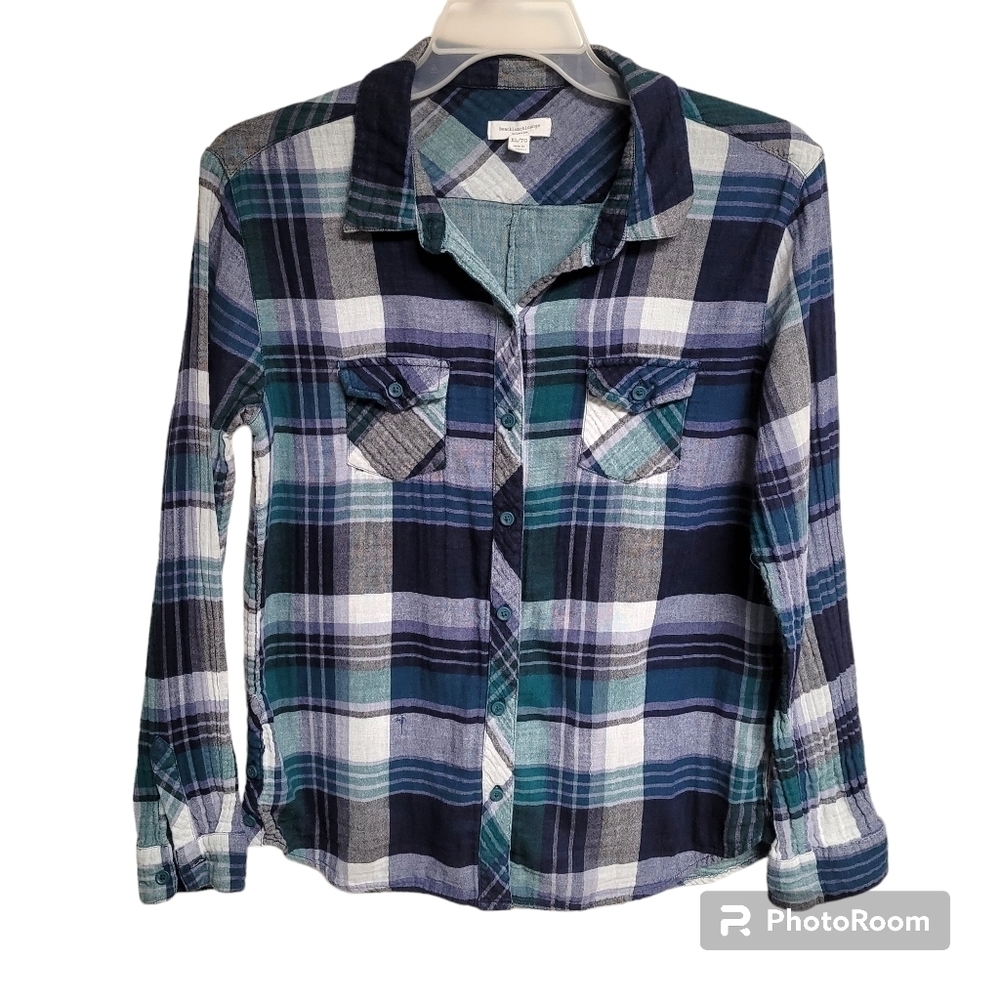 Beachlunchlounge Blue And Green Plaid Button Chest Pockets Down Collar Shirt XL